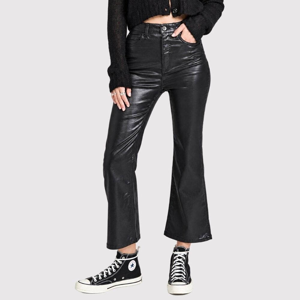 Rag & Bone Leather Pants Glossy Black Faux Casey High Rise Ankle Flare Size 27